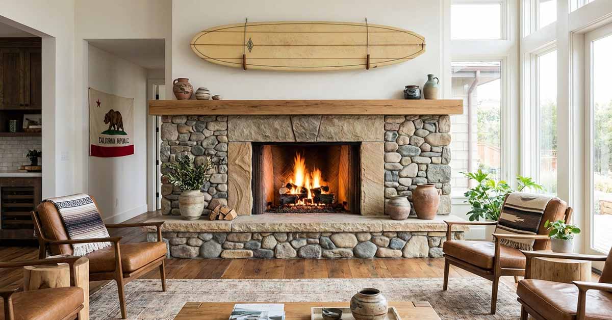 Masonry fireplace in an older California home
