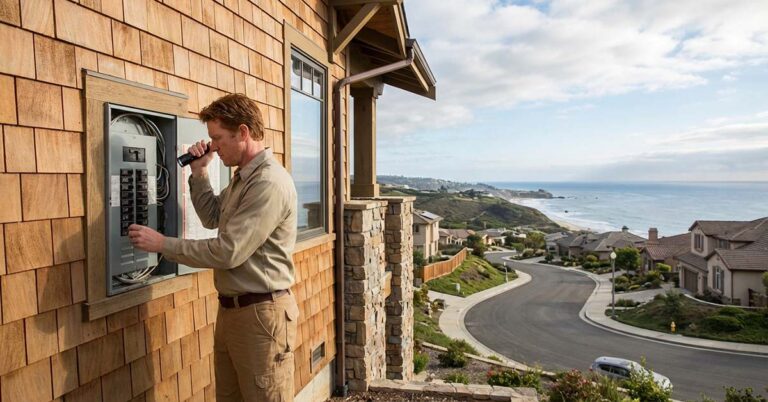 Home inspector examines an electrical box in a California home