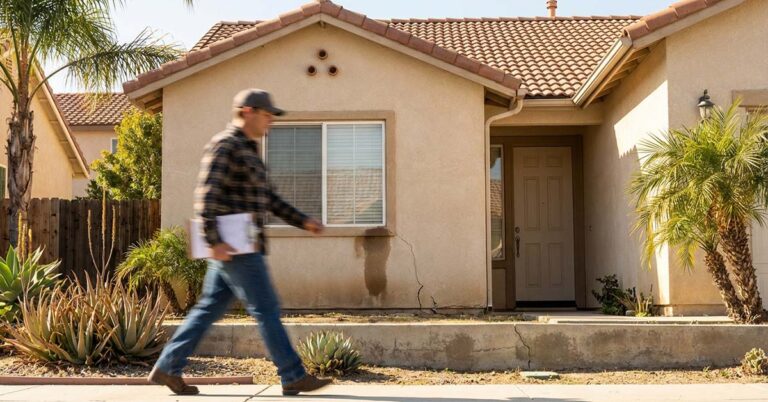 A home inspector in front of a hosue