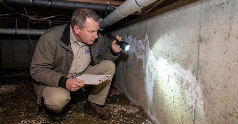 Home inspector finding efflorescence on a foundatoin