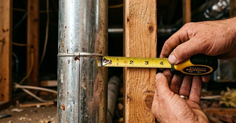 A home inspector checking the gap between a vent pipe and wood