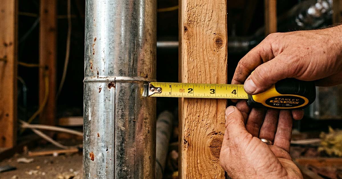 A home inspector checking the gap between a vent pipe and wood