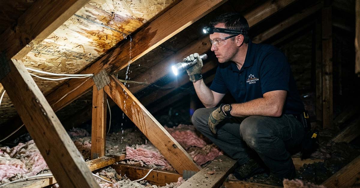 Home inspector in Southern California inspecting a water leak in a roof