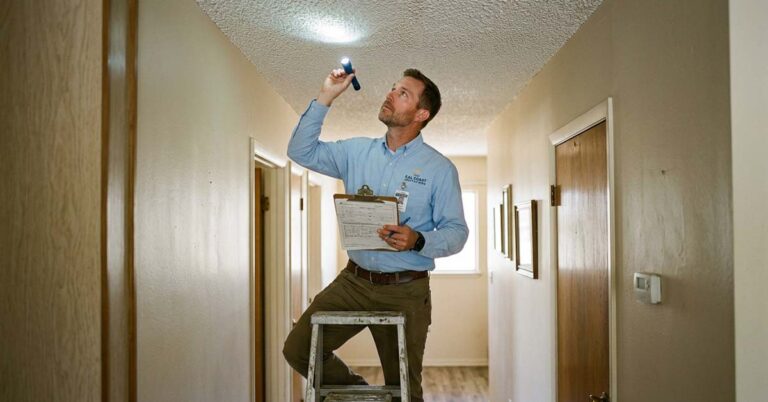 Home inspector in California checking a popcorn asbestos ceiling