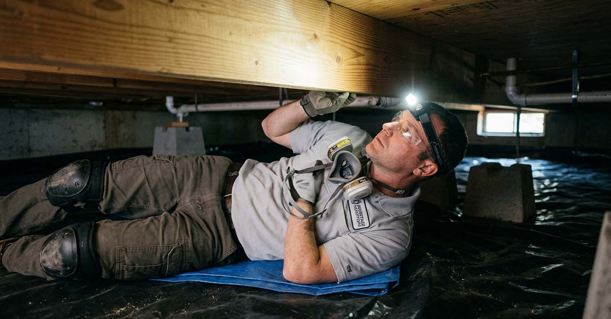 A California home inspector checking a crawlspace