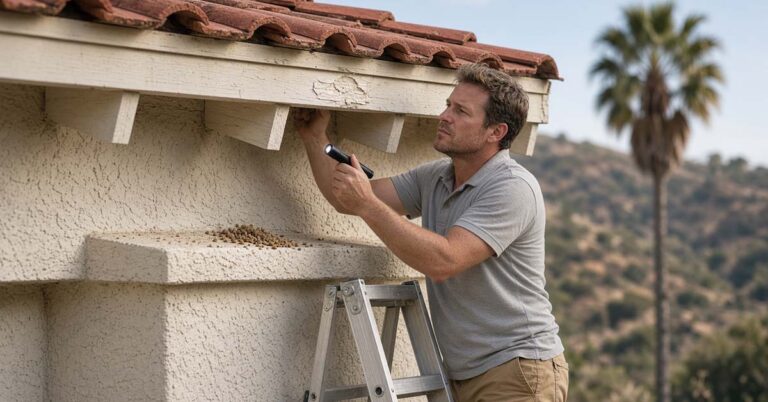 A home inspector looks at termite damage on a Southern California home